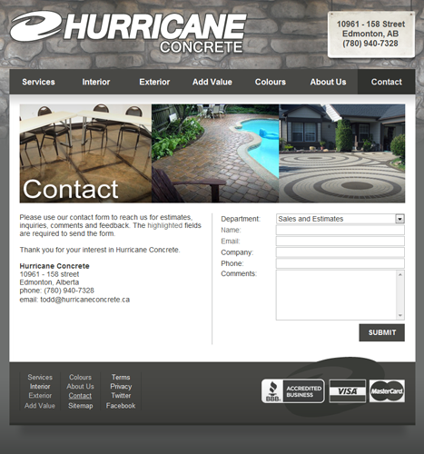 Web Design, Illustration, Photo Manipulation: Hurricane Concrete Website - Contact Page