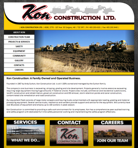 Web Design, Photo Manipulation, Illustrations, Flash Animation: Kon Construction Ltd. Website - Homepage.
