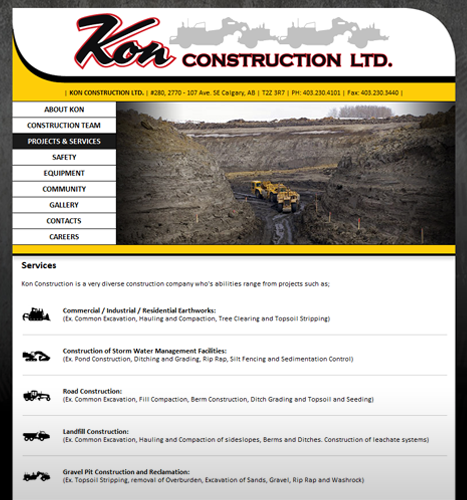 Web Design, Photo Manipulation, Illustrations, Flash Animation: Kon Construction Ltd. Website - Services Section.